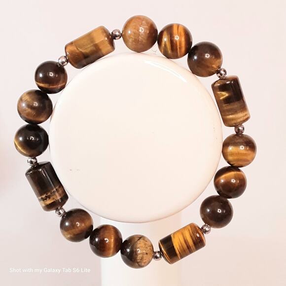 Tigers Eye Beaded Stretch Bracelet Brown Tan Geometric shapes - Picture 2 of 6